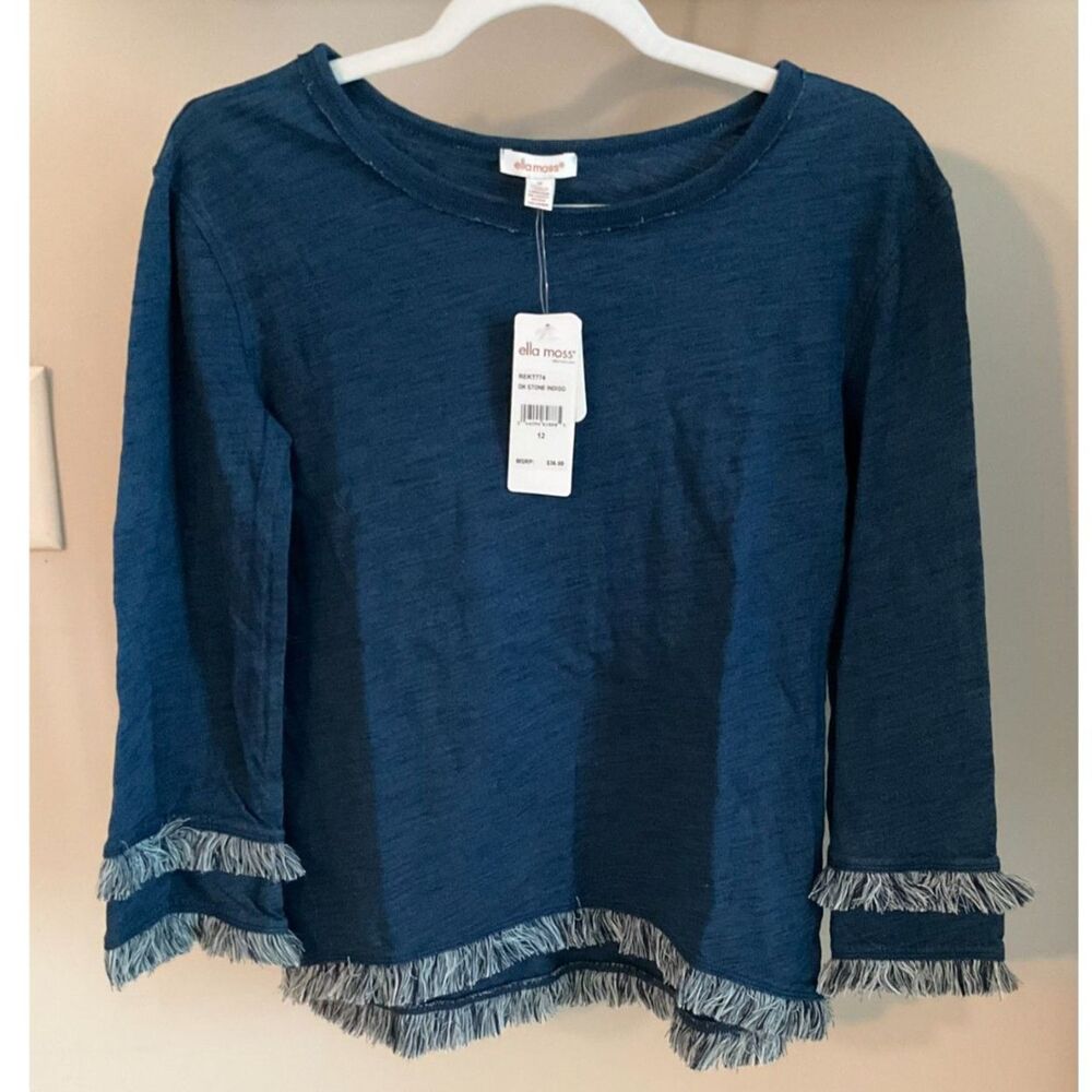 Ella Moss - Girls - Dark Stone Indigo Top with Fringe Detail - New!